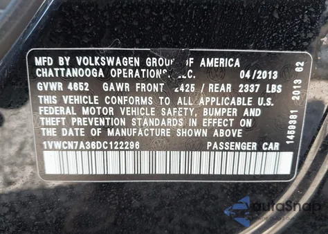 2013 Volkswagen Passat 2.0L Tdi Sel Premium z USA, uszkodzony, nr VIN 1VWCN7A36DC122296